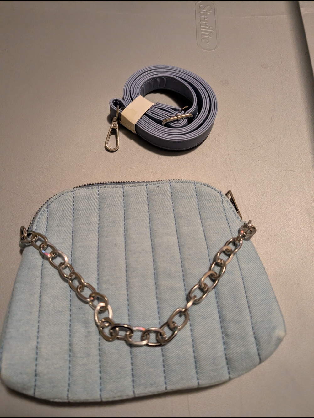 BP Nordstrom Light Wash Quilted Denim Crossbody Shoulder Bag Chain Strap